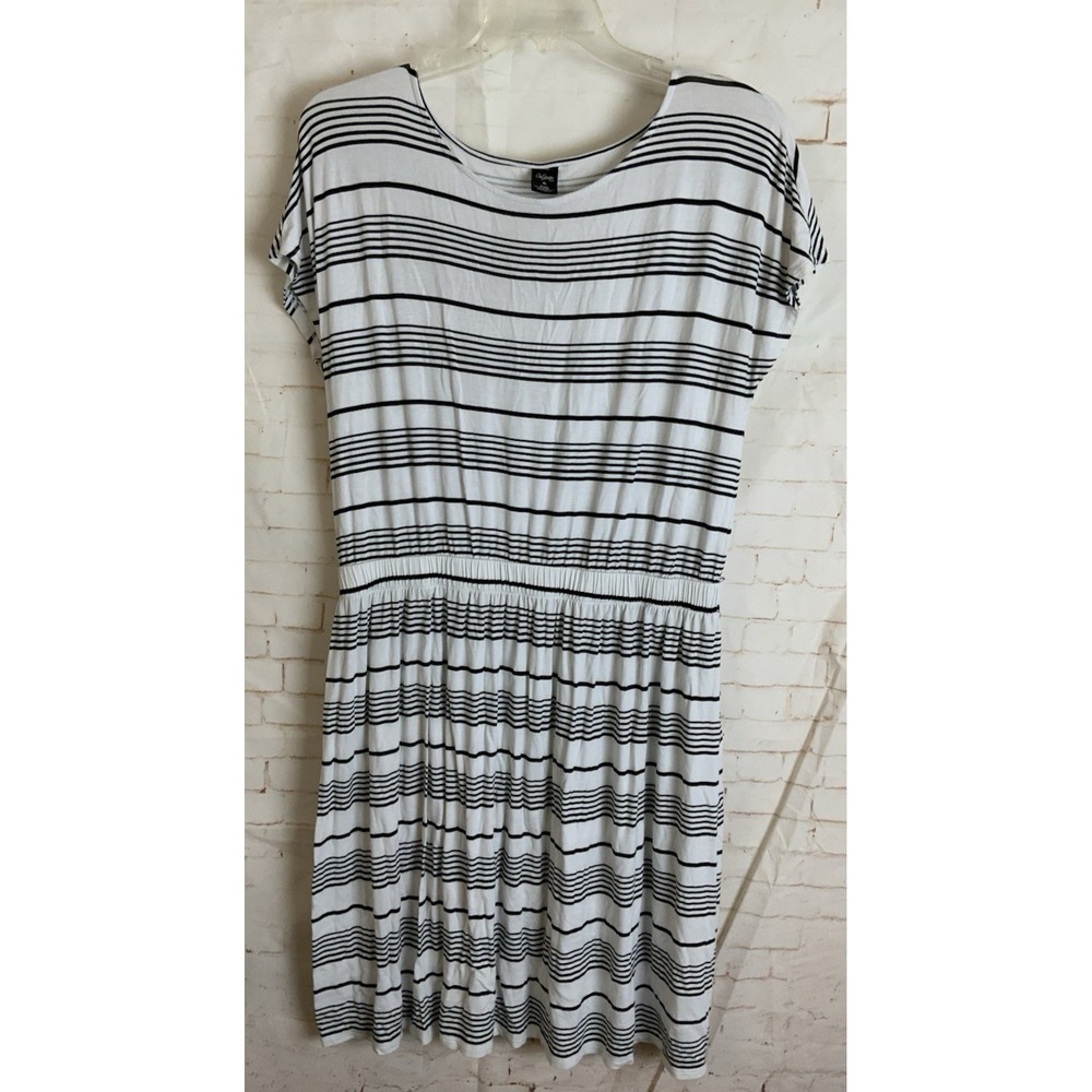 City Streets Womens White Black Striped Short Sleeve Elastic Waist Dress Size XL